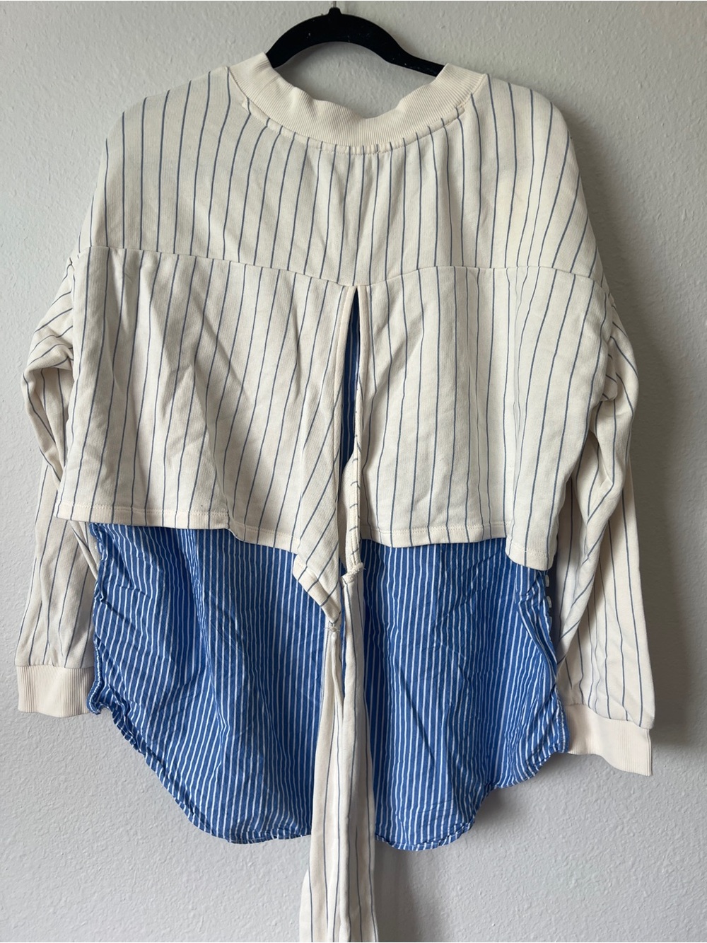 Anthropologie Striped Cream White Blue Bow Tie Long Sleeve Twofer Large - Picture 5 of 5